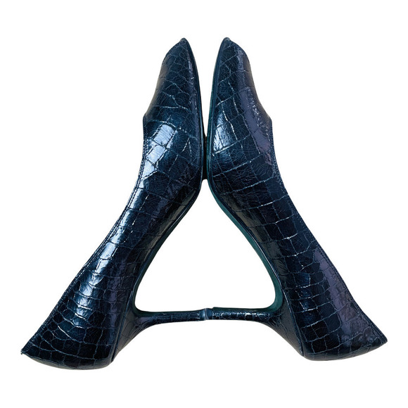Donald J Pliner Sz 9.5 Black Leather Crocodile Skin Pattern Peep Toe Heels - Picture 8 of 10